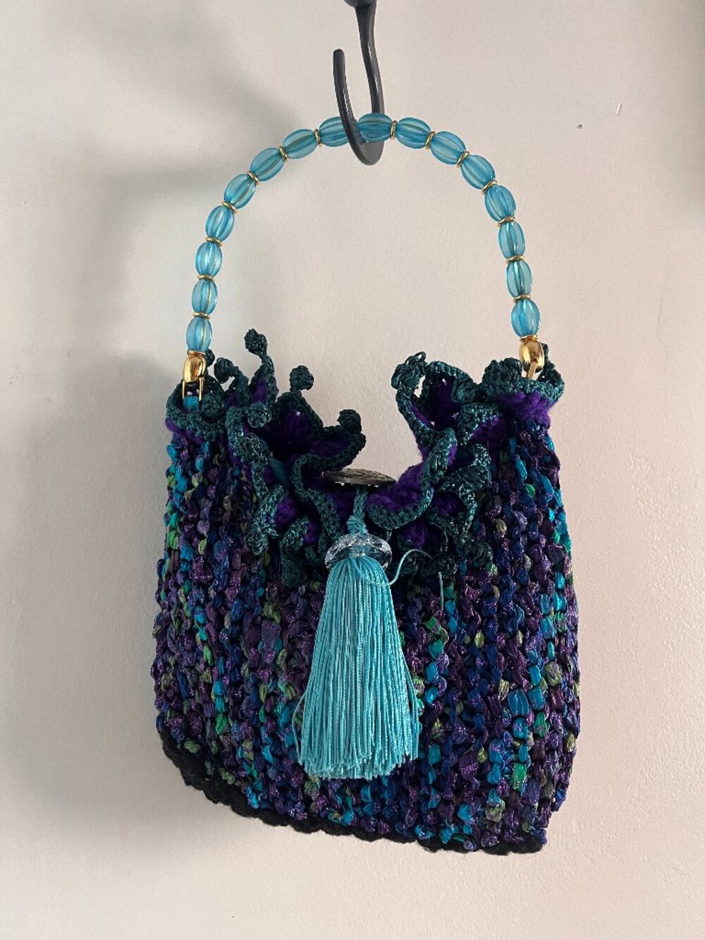 Vintage Handmade Blue Purple Multicolor Crochet Knit Macrame Tassel Bag